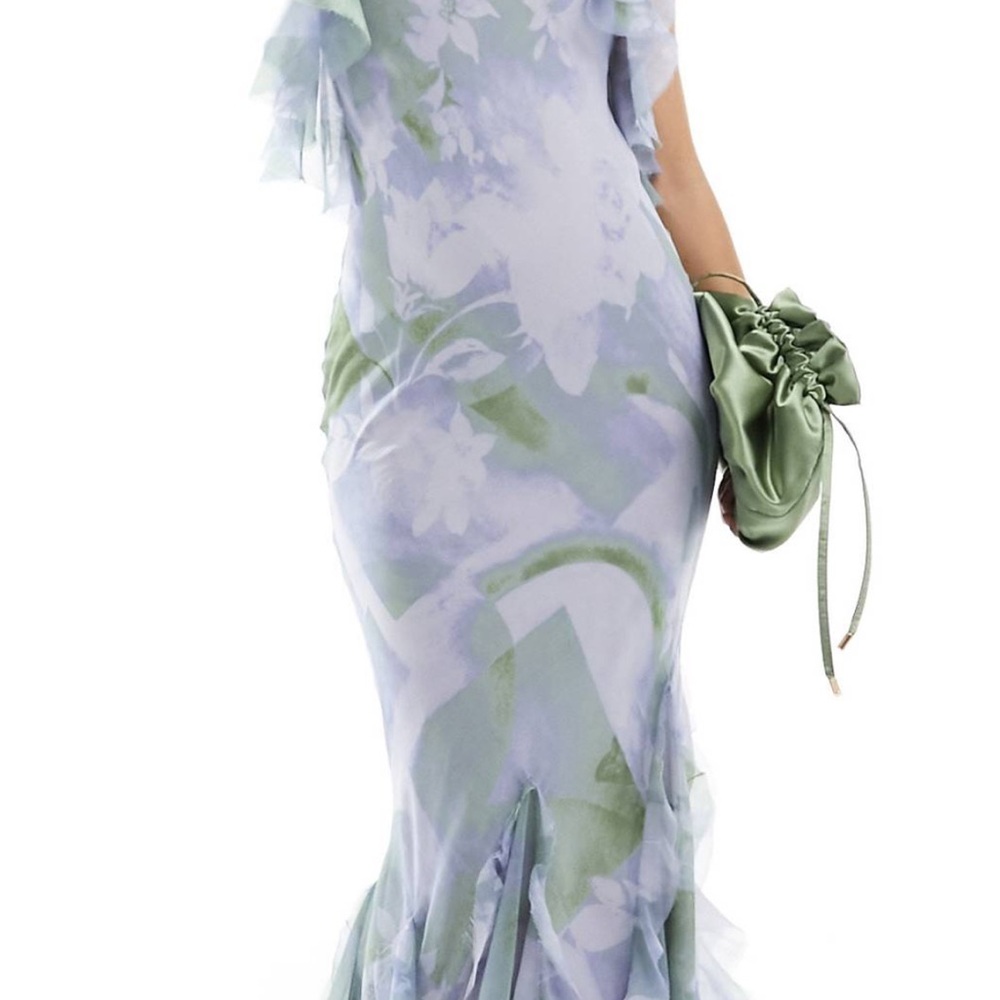 Green and White Asymmetrical Maxi Gown for Wedding Guests